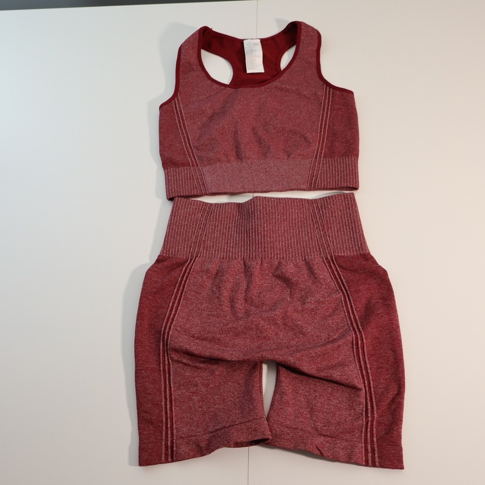 Fiara Sport Womens 2 Piece Workout Set Burgundy Red Scrunch Shorts Sports Bra OS